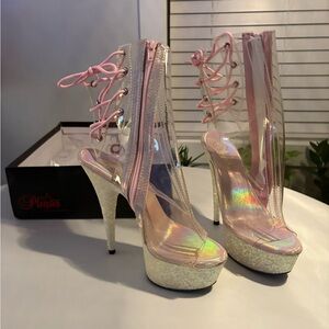 Pleaser Iridescent Pink Sparkle 7-inch open toe ankle boots